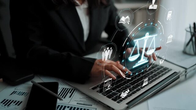 Business professional using laptop to analyze legal data with digital icons representing law, justice, and professional matters in modern office setting Sigmoid