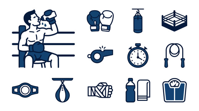 Professional boxing and fitness gym equipment icon set
