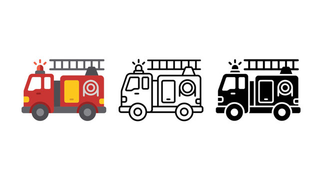 Red fire truck engine icon set featuring colored outline and solid black vector symbols isolated on a clean white background