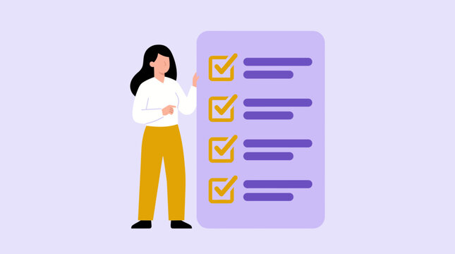 Woman standing next to a large completed checklist clipboard completing tasks business goals time management organizing schedule and project productivity
