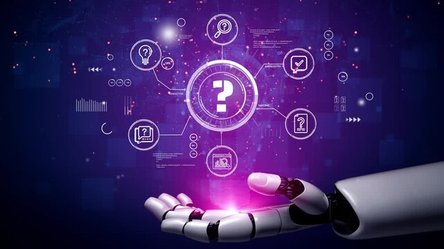 Futuristic Digital Interface with Robotic Hand Interacting with Technology Symbols and Virtual Elements in a Purple Glow Background. Entropy.