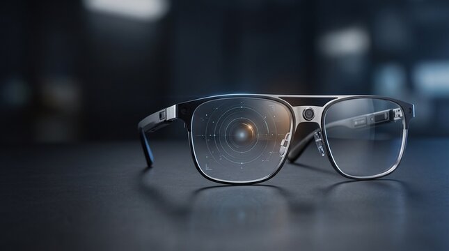 Futuristic smart glasses with augmented reality display on desk