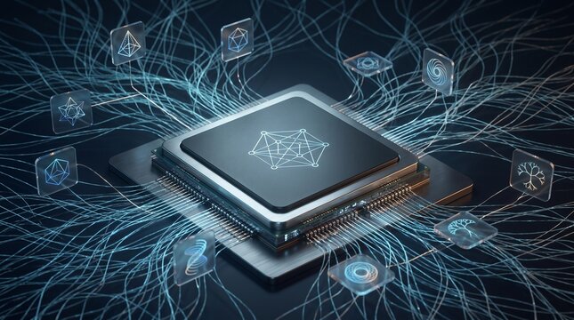 Futuristic computer processor with glowing neural network connections