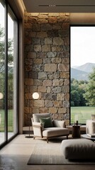 Fototapeta premium Modern living room features large floor to ceiling windows, textured stone accent wall. Stylish armchair with green cushion sits on area rug near tall lamp. View of mountains, green forest through