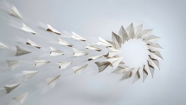 White paper airplanes arranged in circular shape &ndash; Great for team collaboration, community unity, or business meetings.
