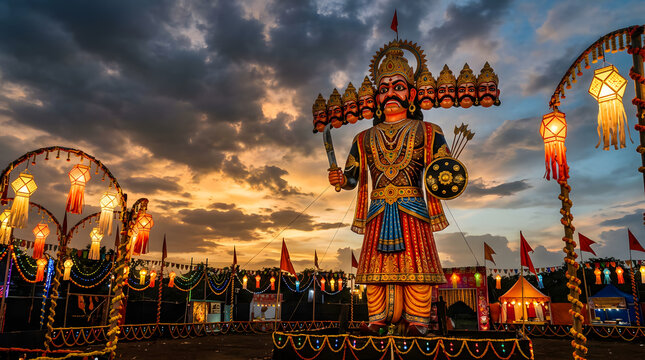 Giant Ravana effigy standing at sunset for Dussehra.
