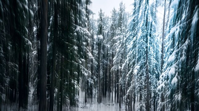 Abstract winter forest background with snowy pine trees showing vertical motion blur panning effect in cold wilderness