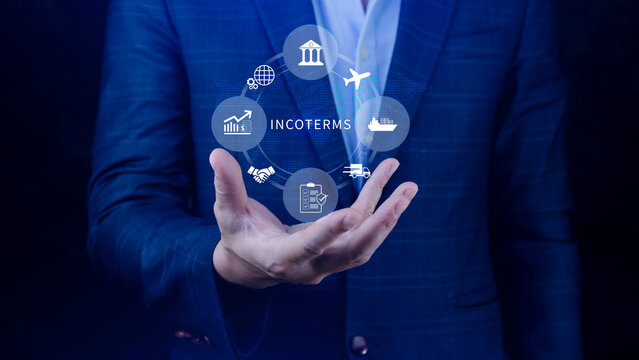 INCOTERMS business concept. Businessman touching virtual INCOTERMS international trade terms, logistics concept. diagram for global supply chain management. not ai