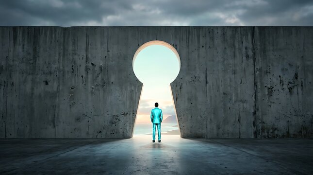 Silhouette of gender-neutral figure standing alone in illuminated concrete tunnel entrance
