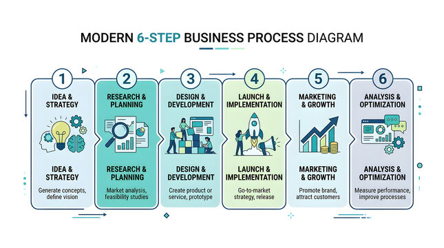 Modern 6-Step Business Process Diagram: A clean and modern infographic illustrating a six-step business process from idea and strategy to analysis and optimization.