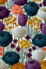 Fototapeta premium Seamless jewel tone floral pattern with ranunculus tulips and poppy clusters for spring wallpaper and fabric design