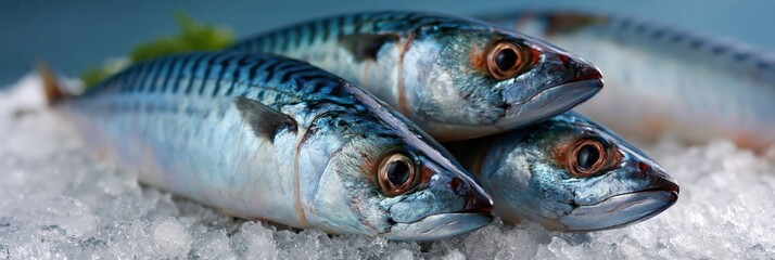 Obraz premium Closeup fresh mackerel fish on crushed ice background for seafood packaging and culinary design use