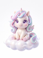 Fototapeta premium Cute Pastel Unicorn with Rainbow Hair on a Cloud.