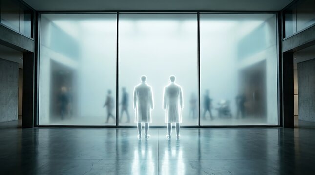 Business team silhouettes strategizing in bright modern office with floor-to-ceiling windows at dusk