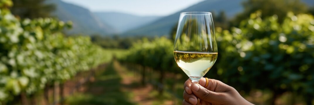 Closeup white wine glass framed by vineyard rows background for tasting poster and scenic wallpaper design