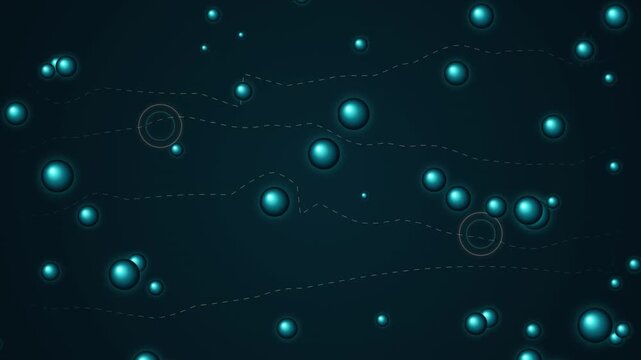 Abstract background featuring glowing teal orbs floating across dotted paths with pulsating circular waves expanding in rhythmic motion digital graphic design element.