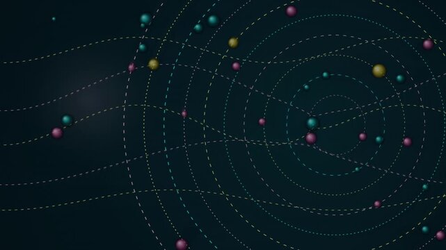 Abstract digital spheres revolving along dashed orbital paths on dark background displaying dynamic network connectivity for modern scientific data visualization.