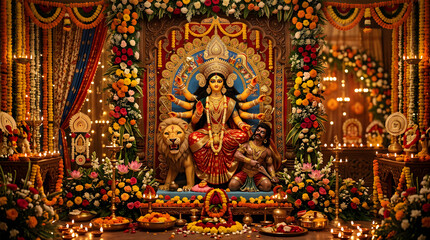 Fototapeta premium Goddess Durga idol decorated for Durga Puja festival celebrations.