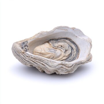 Single Opened Oyster Shell With Textured Exterior And Marble Pattern Interior On White Background