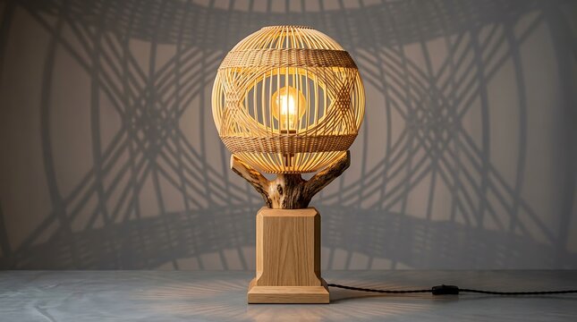 Handwoven rattan globe table lamp with warm glowing light on wooden base in modern interior