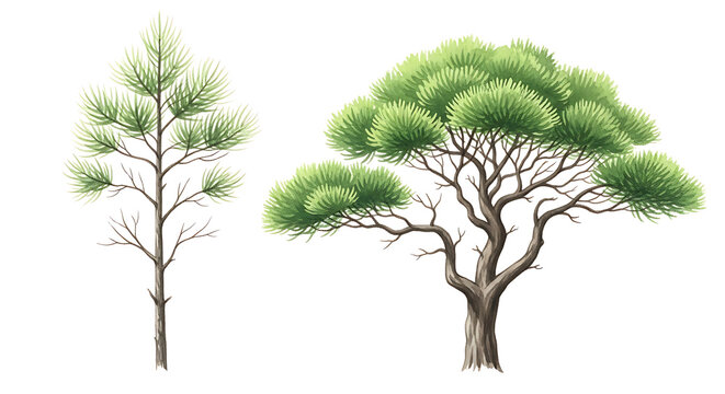 Two green pine trees with detailed branches and needles on white background nature plant