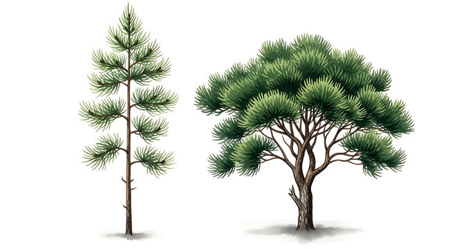 Two pine trees one tall and slender the other wide and bushy evergreen conifer nature