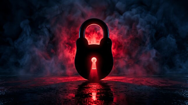 Digital security padlock glowing red in dark smoke with dramatic lighting for cyber protection