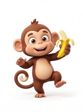 Happy cartoon monkey holding a banana with a big smile.