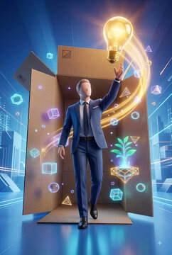 Illustration: A faceless businessman in a dark blue suit emerges from a large box, reaching up for a light bulb.