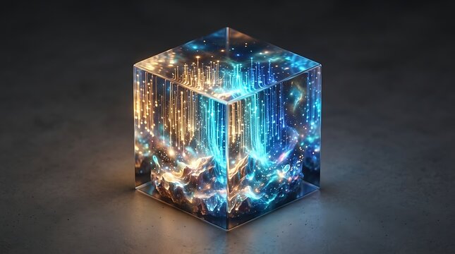 Glowing blue digital ice cube with futuristic neon light reflections on dark background