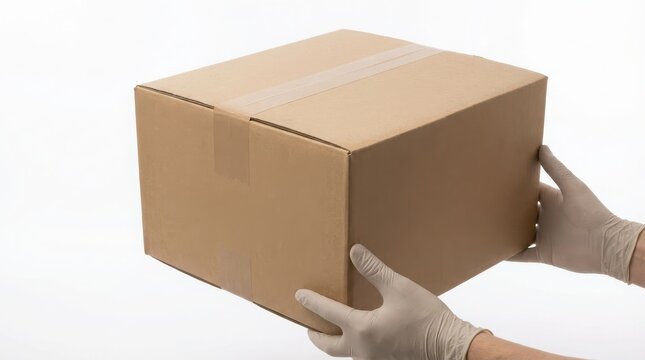 Cardboard box being held by two hands wearing protective gloves against a white background.
