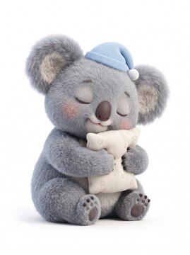 Cute cartoon koala bear holding a heart and wearing a blue hat.