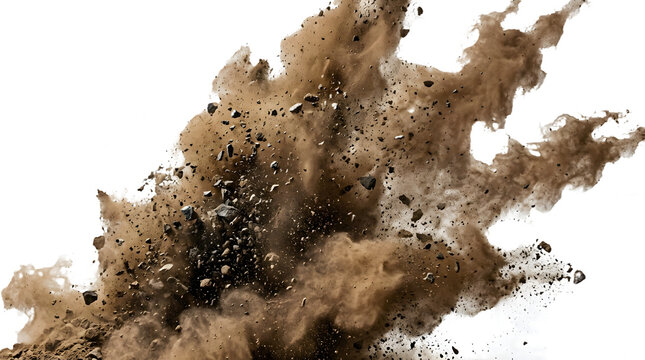 Brown soil dust explosion, particles,, background as cut out PNG