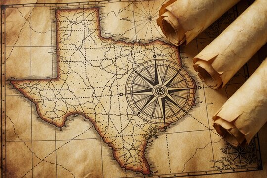 Vintage Texas map on aged parchment paper with antique compass. Old cartography style shows state borders, geography. Rolled scrolls lie nearby for adventure history concept. Classic travel tool for