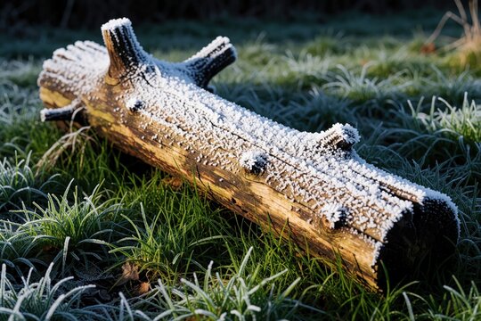 Fallen timber covered with ice crystals lies on green grass. Sunlight shines on frosty wood surface. Cold weather, natural scene details on a winter morning.
