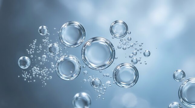 Clear water droplets splashing on blue gradient background with light reflections and bokeh effect