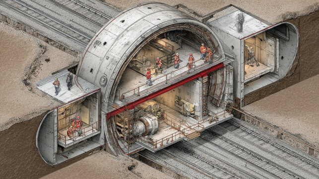 Tunnel boring machine cross section displays underground engineering construction with workers inside concrete chambers.