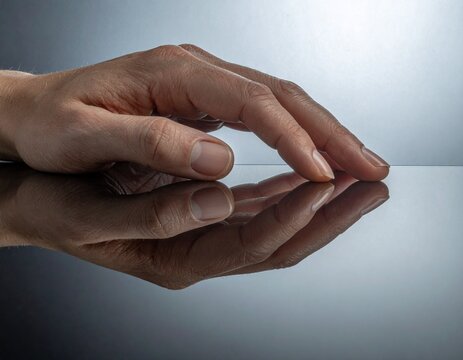Close up of a left hand touching reflective glass creating a symmetrical reflection for self identity concepts