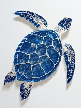 Abstract Blue Mosaic Sea Turtle Sculpture On A Clean White Background