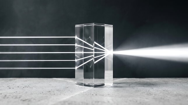 Light rays passing through a glass prism refracting and converging into a single beam