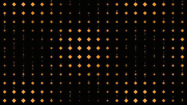 Orange glowing square dots moving vertically on black background abstract motion graphic seamless loop pattern for digital display and technological visual effects.