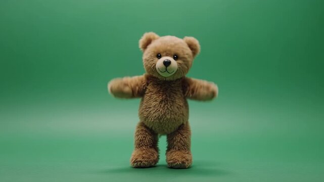 Teddy bear dancing with joyful movement on a green studio background