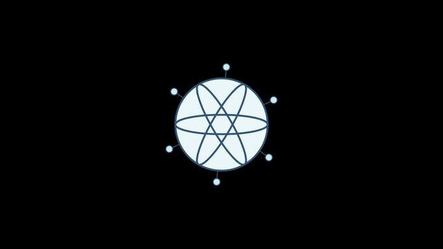 Abstract atom model spinning slowly against dark background showing nucleus and orbiting electrons in scientific educational motion graphic design animation style.