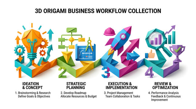 3D Origami Business Workflow: A vibrant 3D origami illustration depicting the stages of a business workflow, from ideation and strategic planning to execution and review.