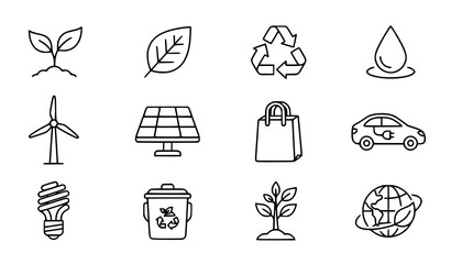 Fototapeta premium Ecology sustainability environmental thin line icon set black white vector illustration