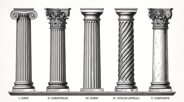 Five classical architectural columns ionic corinthian doric tuscan composite styles architecture