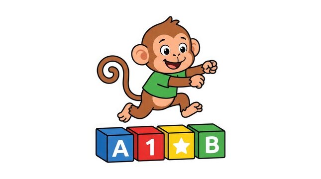 Cute cartoon monkey jumping over colorful alphabet blocks isolated on white background