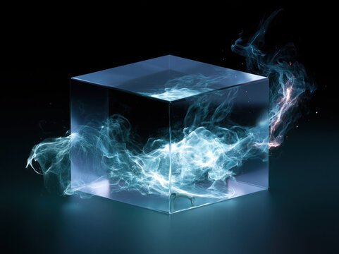 A futuristic transparent cube containing invisible energy waves, glowing patterns appearing in the air around it, unknown alien material, impossible physics object, minimal futuristic design