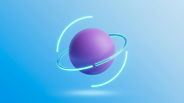 3D Purple Sphere with Glowing Neon Rings on Blue Background