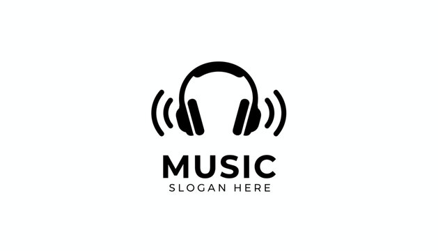 Minimalist music brand logo design showcasing black headphones with radiating sound waves on a clean white background.